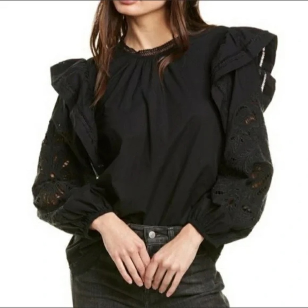 J.Crew Embroidered flutter-sleeve shirt in cotton poplin - Black - XL